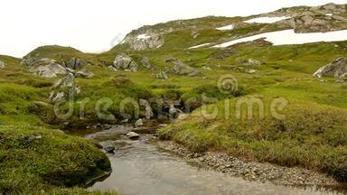 阿尔卑斯山的小山溪，水在清新的绿色草地上流过石头。 背景中高alps峰值..